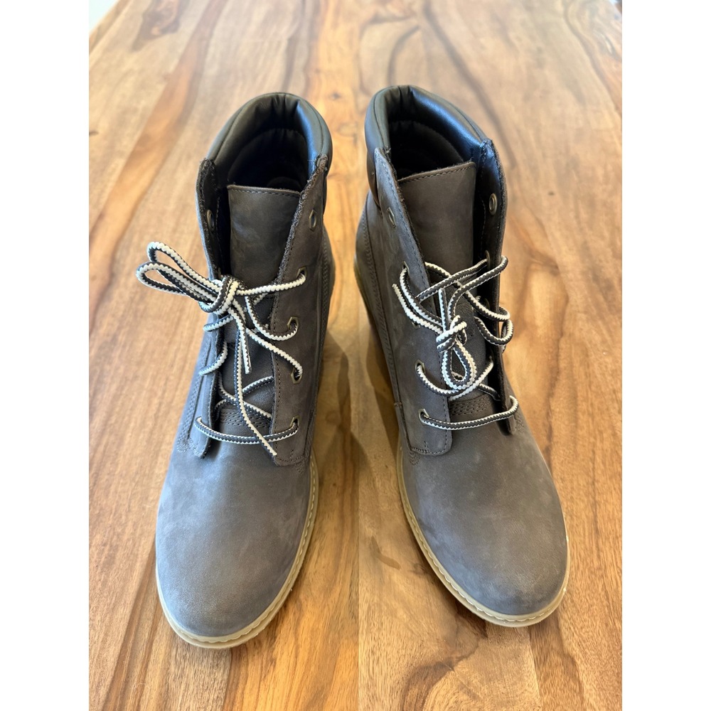 Timberland Amston 6-Inch Wedge Boots Grey Nubuck Leather Lace Up Womens 5 A12RG